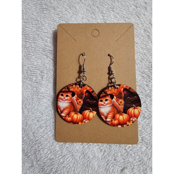 Halloween Cat‎ Earrings Pumpkin Fall Autumn Dangle Drop Earrings - Picture 1 of 1